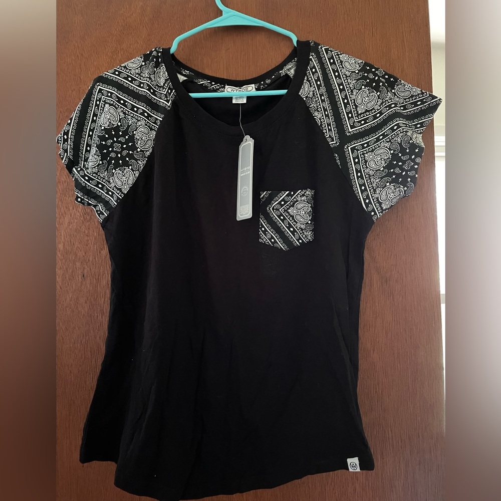 Black short sleeve t-shirt with bandanna/paisley print accents